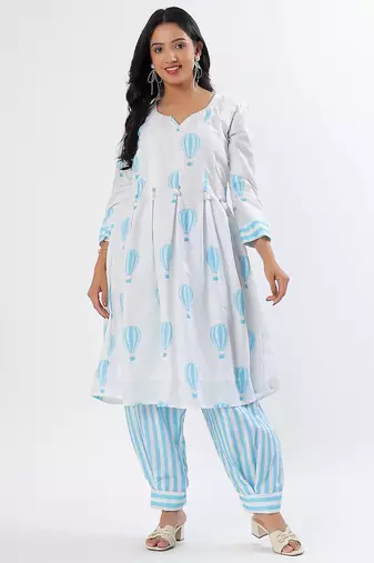 White & blue a-shape cotton kurta set