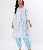 White & blue a-shape cotton kurta set