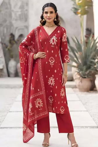 Red floral printed cotton kurta set