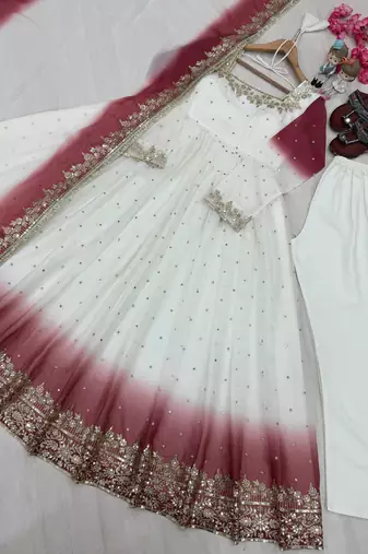 Off-white georgette embroidered flared gown set