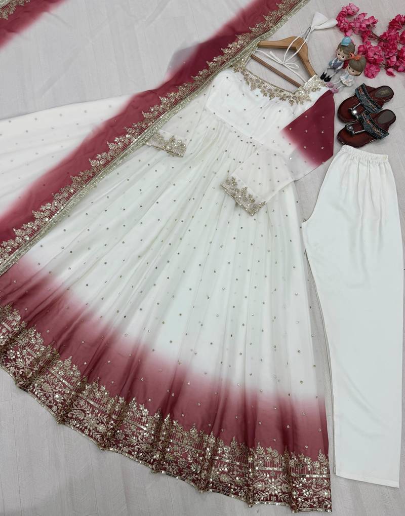Off-white georgette embroidered flared gown set