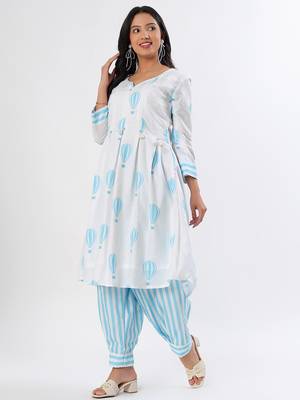 White & blue a-shape cotton kurta set 2