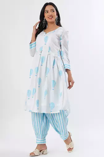 White & blue a-shape cotton kurta set