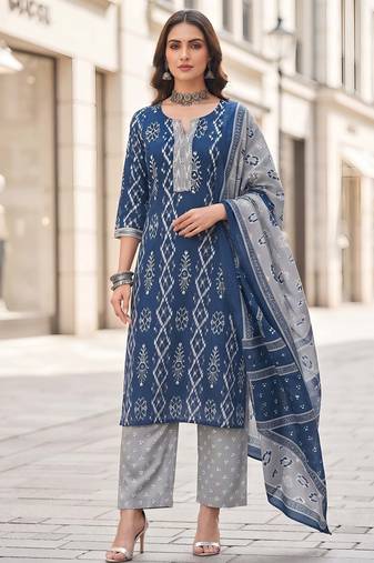 Blue floral printed cotton kurta set