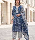 Blue floral printed cotton kurta set