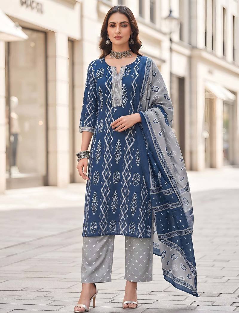 Blue floral printed cotton kurta set