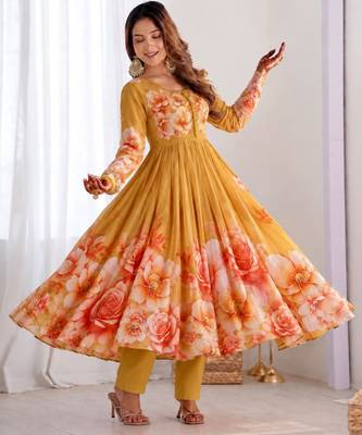 Dark-yellow organza printed flared gown set 1
