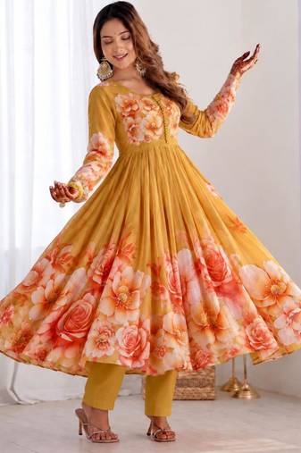 Dark-yellow organza printed flared gown set