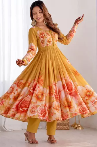 Dark-yellow organza printed flared gown set