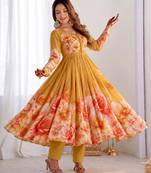 Dark-yellow organza printed flared gown set