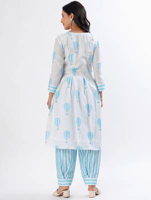 White & blue a-shape cotton kurta set 3