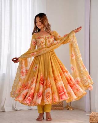 Dark-yellow organza printed flared gown set 2