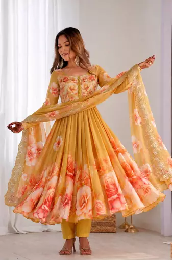 Dark-yellow organza printed flared gown set