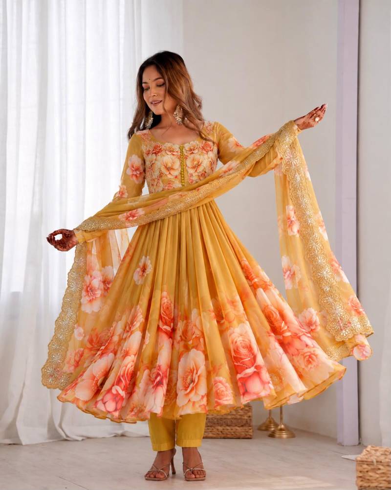 Dark-yellow organza printed flared gown set