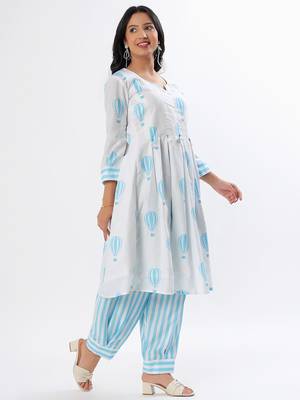 White & blue a-shape cotton kurta set 4