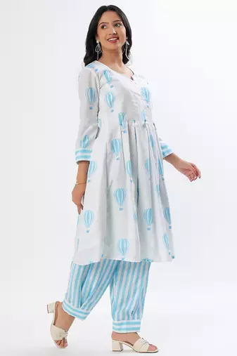 White & blue a-shape cotton kurta set