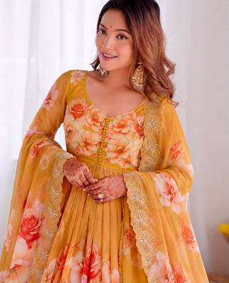 Dark-yellow organza printed flared gown set 3