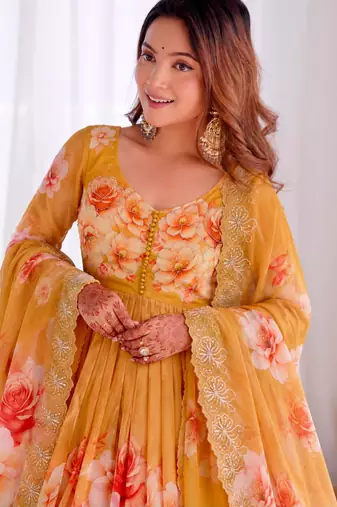 Dark-yellow organza printed flared gown set