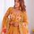 Dark-yellow organza printed flared gown set