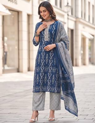 Blue floral printed cotton kurta set 3