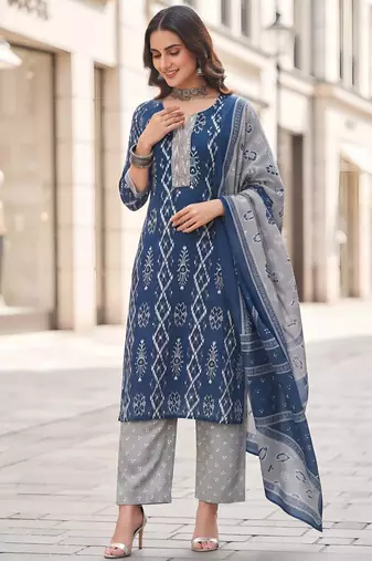 Blue floral printed cotton kurta set