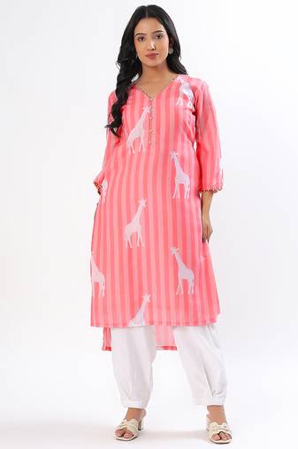 Peach giraffe cotton kurta set
