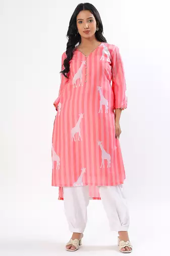 Peach giraffe cotton kurta set