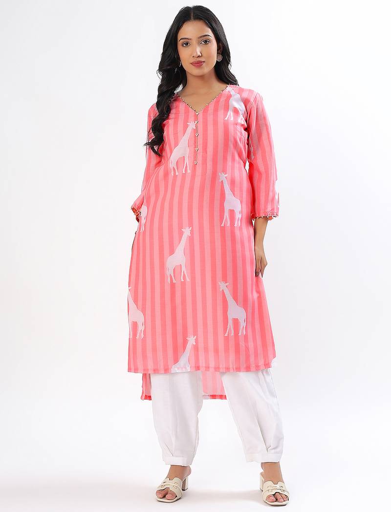 Peach giraffe cotton kurta set