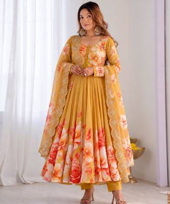 Dark-yellow organza printed flared gown set 4