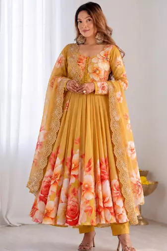 Dark-yellow organza printed flared gown set