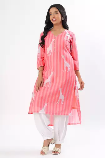 Peach giraffe cotton kurta set