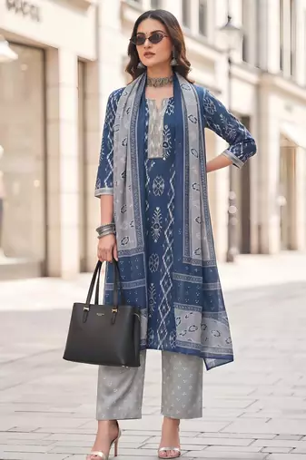 Blue floral printed cotton kurta set