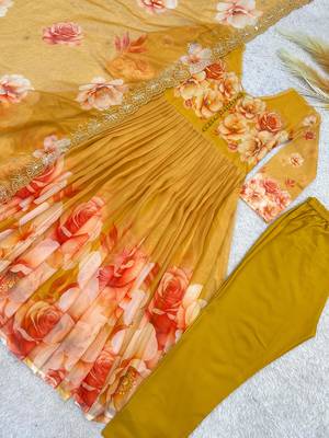 Dark-yellow organza printed flared gown set 5