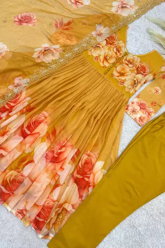 Dark-yellow organza printed flared gown set