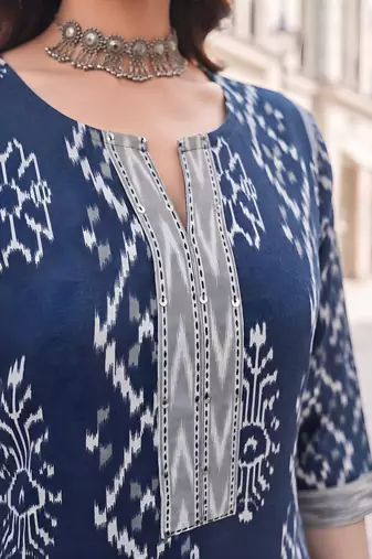 Blue floral printed cotton kurta set