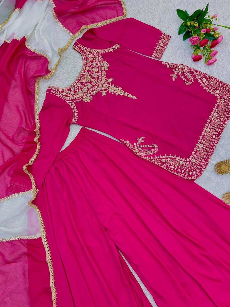 Pink crepe embroidered palazzo set
