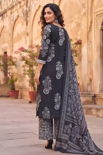 Black floral printed cotton kurta set