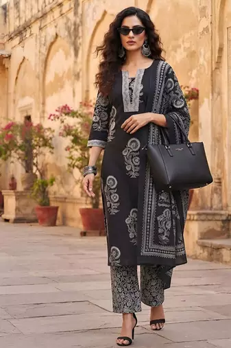 Black floral printed cotton kurta set