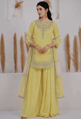 Yellow crepe embroidered palazzo set 1