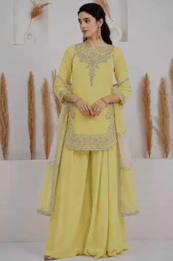 Yellow crepe embroidered palazzo set
