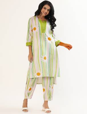 Green cotton linen kurta set 1
