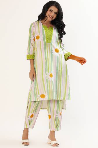 Green cotton linen kurta set