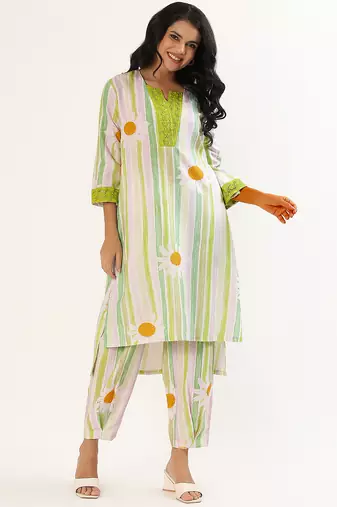 Green cotton linen kurta set