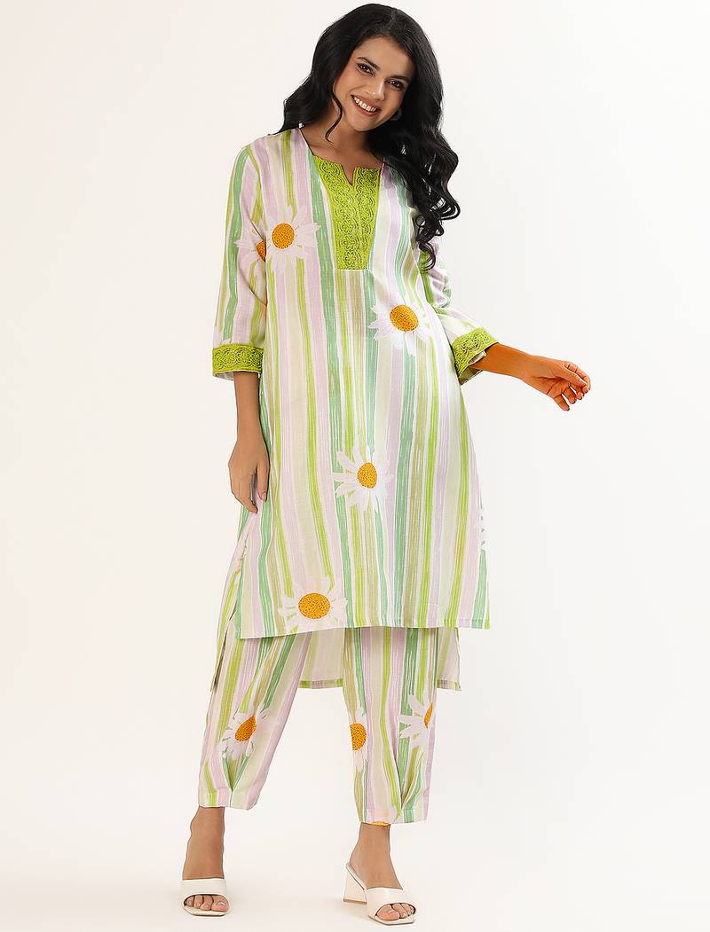 Green cotton linen kurta set