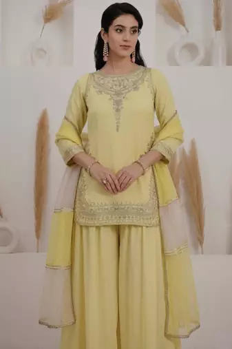 Yellow crepe embroidered palazzo set