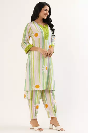 Green cotton linen kurta set