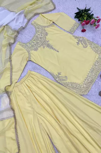 Yellow crepe embroidered palazzo set
