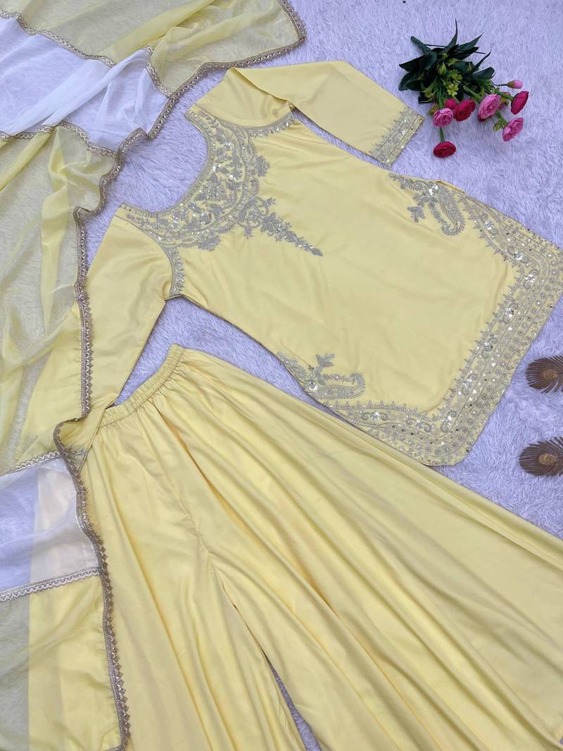 Yellow crepe embroidered palazzo set