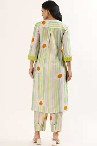Green cotton linen kurta set