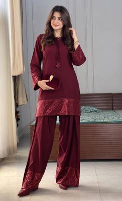 Wine crepe embroidered farshi salwar set 1